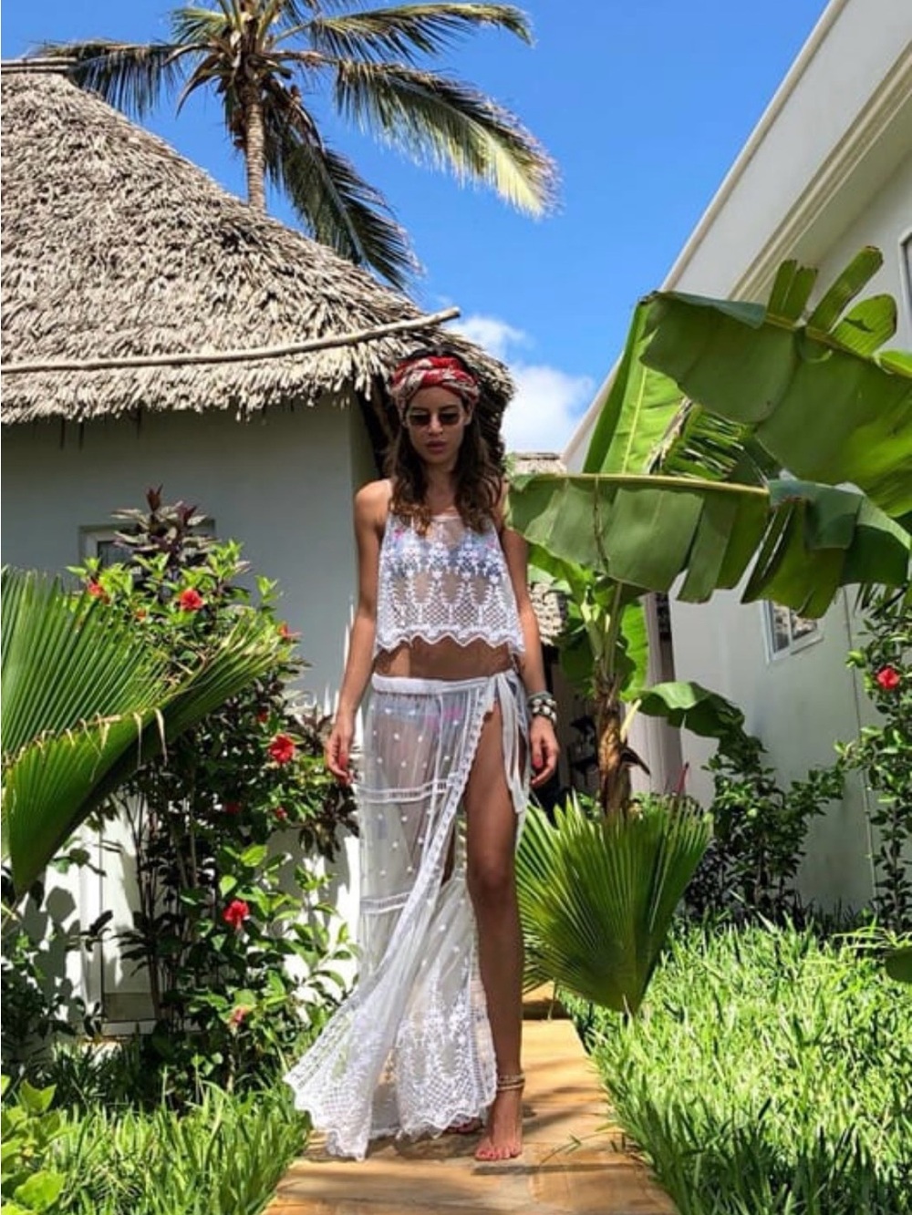 White Crochet Two-Piece Swim Coverup Set (one size - Beach Maxi Skirt & Crop Top